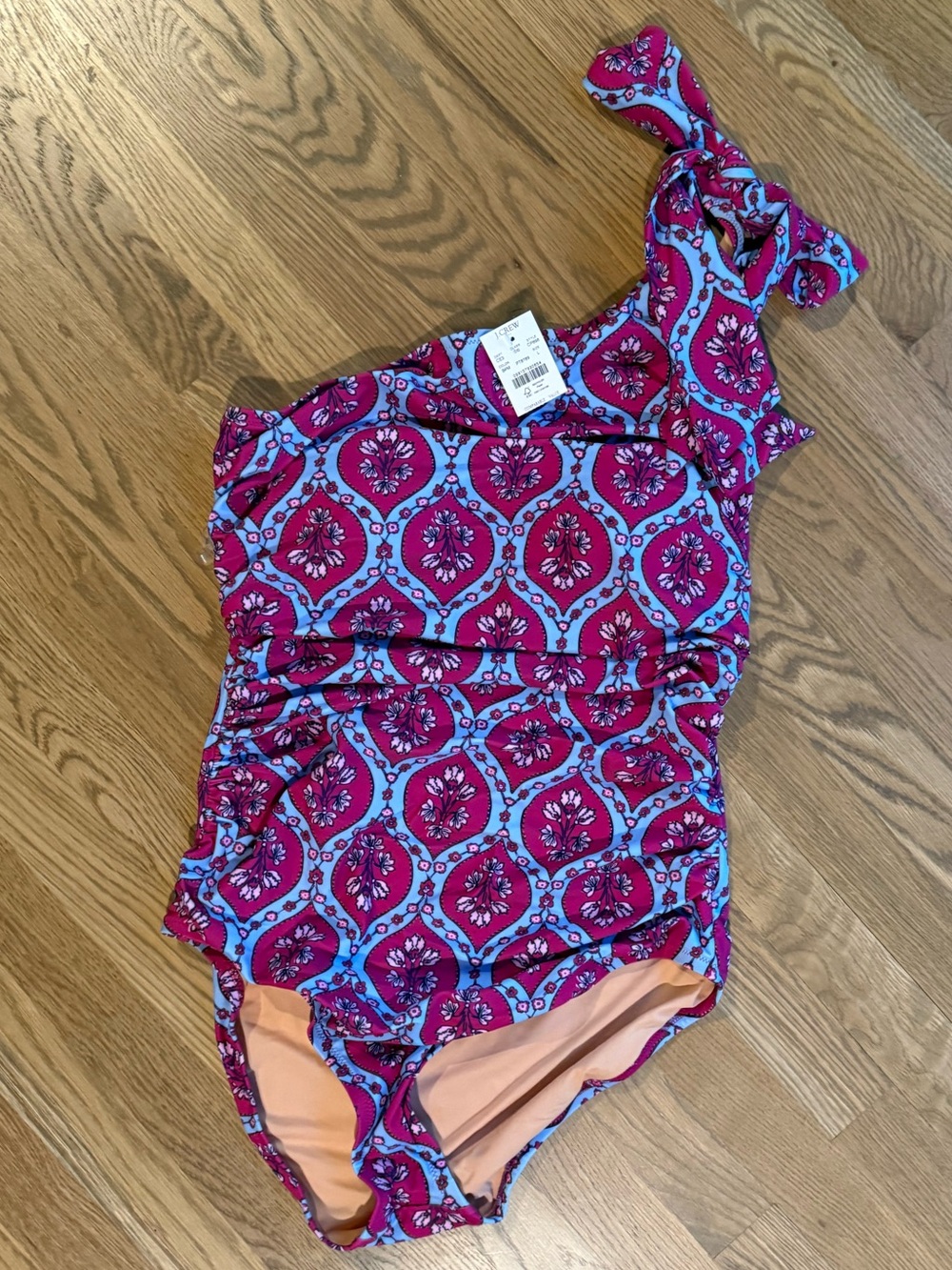 J Crew Ruched One-Shoulder Bow Tie Pink & Light Blue Patterned Swimsuit